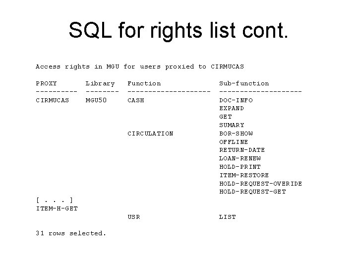SQL for rights list cont. Access rights in MGU for users proxied to CIRMUCAS