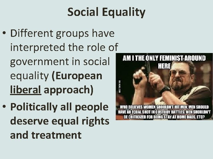 Social Equality • Different groups have interpreted the role of government in social equality