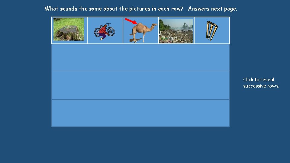 What sounds the same about the pictures in each row? Answers next page. Click