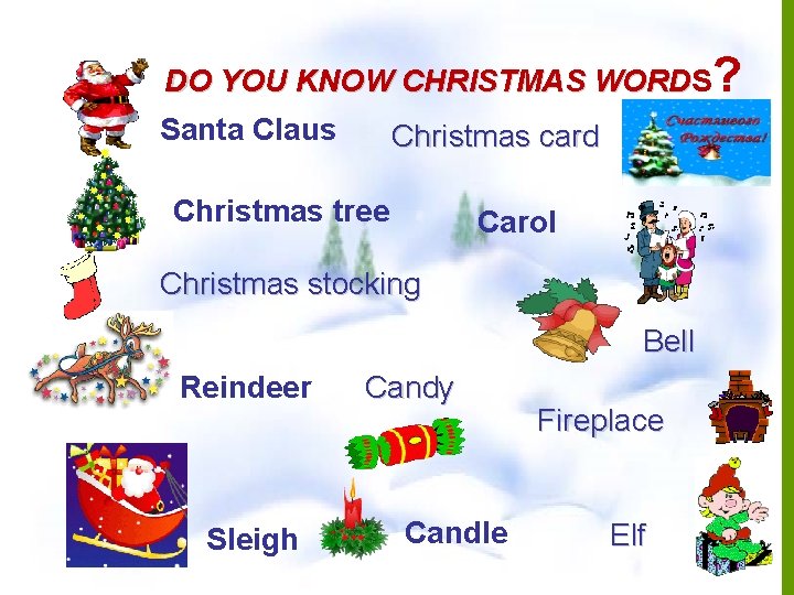 DO YOU KNOW CHRISTMAS WORD ? Santa Claus Christmas card Christmas tree Carol Christmas