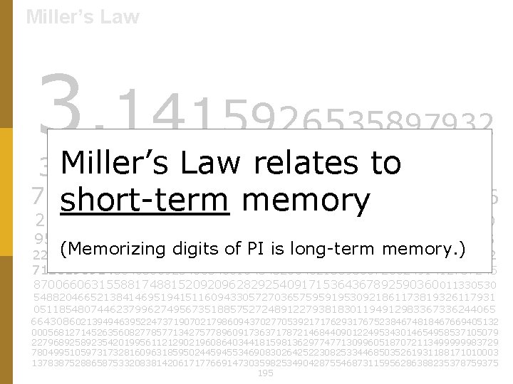 Miller’s Law 3. 14159265 35897932 Miller’s Law relates to 38462643383 2795028841971693993 7510582 09749445923078164062862089986 short-term