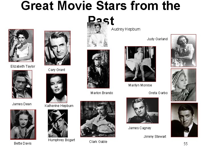 Great Movie Stars from the Past Audrey Hepburn Judy Garland Elizabeth Taylor Cary Grant