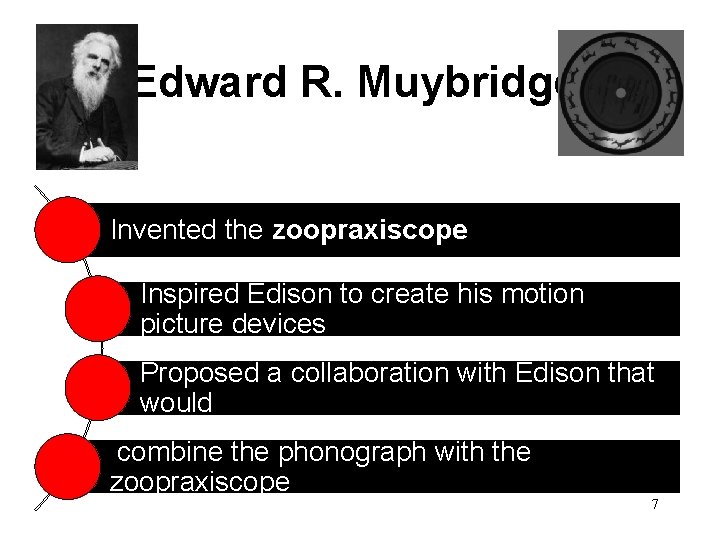 Edward R. Muybridge Invented the zoopraxiscope Inspired Edison to create his motion picture devices