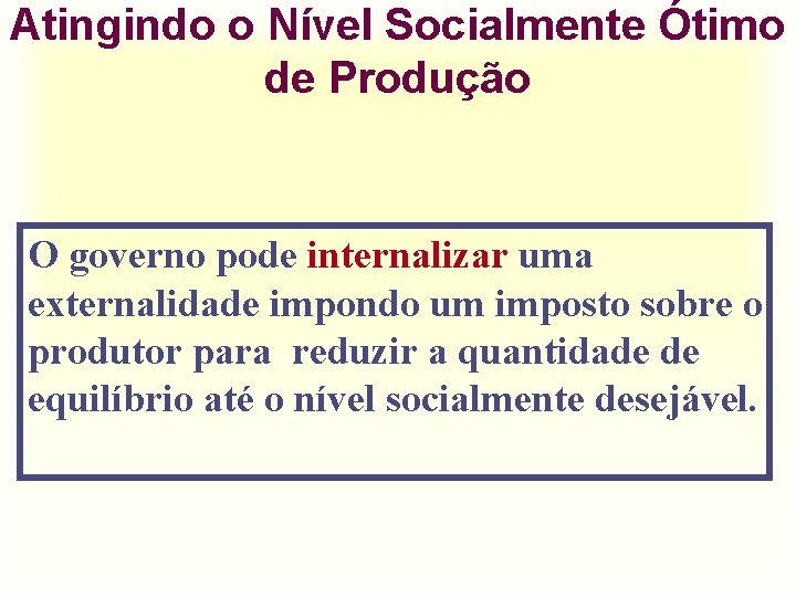 Atingindo o Nível Socialmente Ótimo de Produção O governo pode internalizar uma externalidade impondo