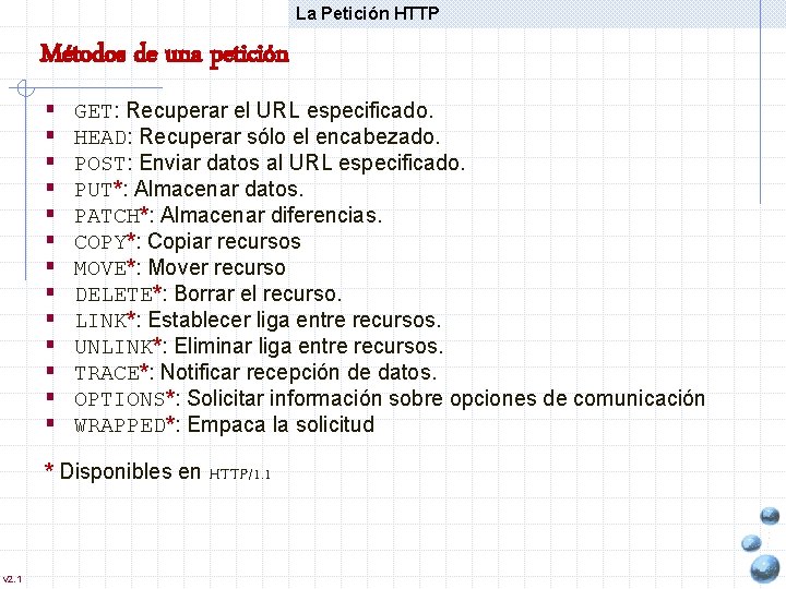 La Petición HTTP Métodos de una petición § § § § GET: Recuperar el