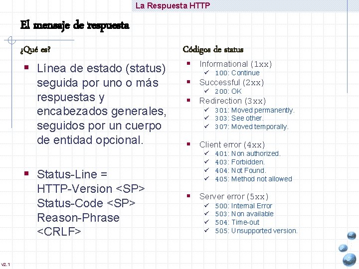 La Respuesta HTTP El mensaje de respuesta ¿Qué es? § Línea de estado (status)