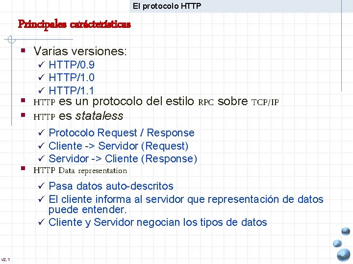 El protocolo HTTP Principales carácterísticas § Varias versiones: ü HTTP/0. 9 ü HTTP/1. 0
