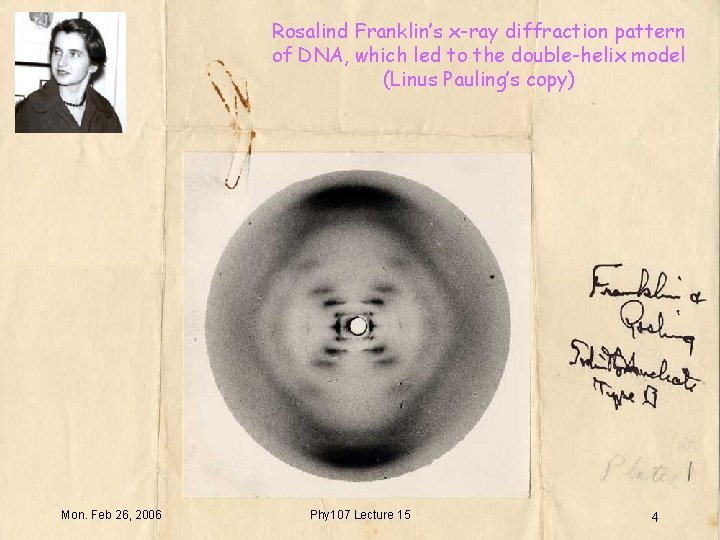 Rosalind Franklin’s x-ray diffraction pattern of DNA, which led to the double-helix model (Linus