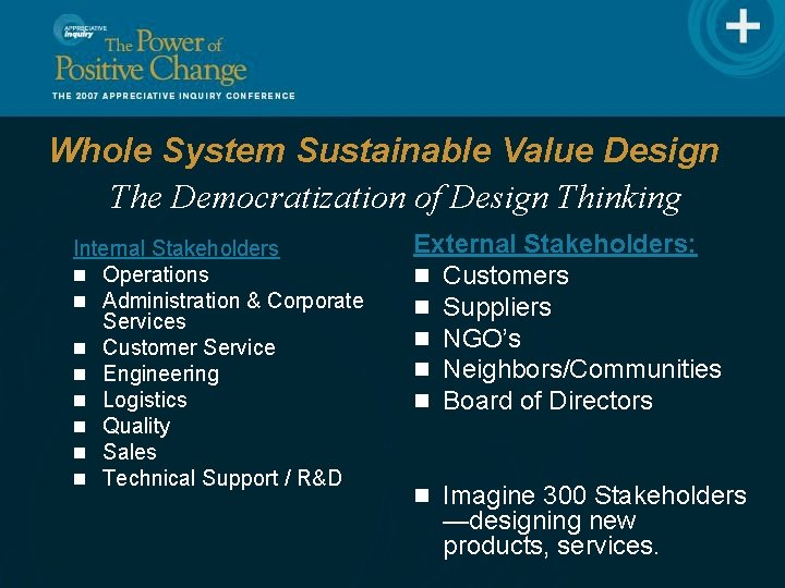 Whole System Sustainable Value Design The Democratization of Design Thinking External Stakeholders: n Customers