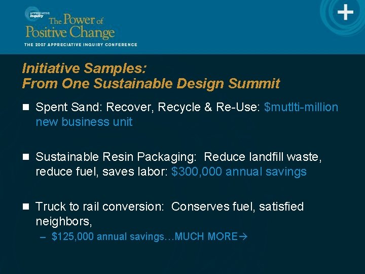 Initiative Samples: From One Sustainable Design Summit n Spent Sand: Recover, Recycle & Re-Use: