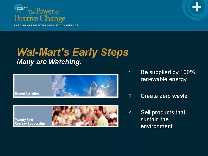 Wal-Mart’s Early Steps Many are Watching. . 1. Be supplied by 100% renewable energy