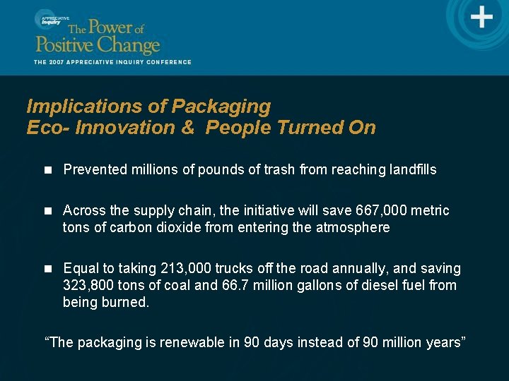 Implications of Packaging Eco- Innovation & People Turned On n Prevented millions of pounds
