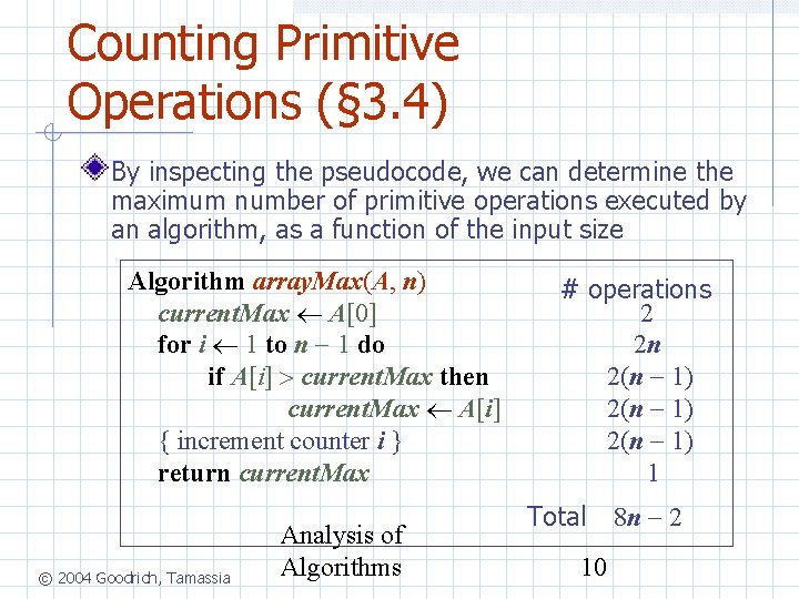 Counting Primitive Operations (§ 3. 4) By inspecting the pseudocode, we can determine the