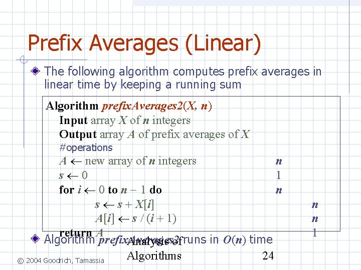 Prefix Averages (Linear) The following algorithm computes prefix averages in linear time by keeping