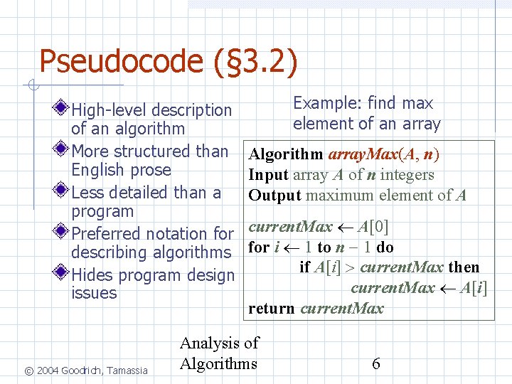 Pseudocode (§ 3. 2) High-level description of an algorithm More structured than English prose