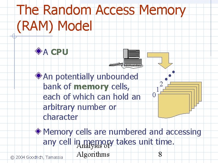 The Random Access Memory (RAM) Model A CPU An potentially unbounded bank of memory