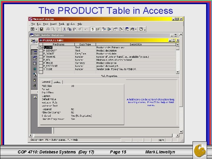 The PRODUCT Table in Access COP 4710: Database Systems (Day 17) Page 15 Mark