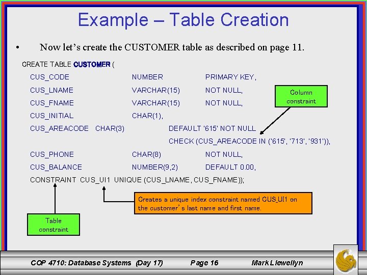 Example – Table Creation • Now let’s create the CUSTOMER table as described on