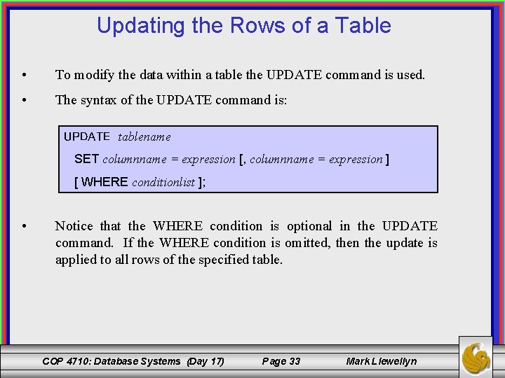 Updating the Rows of a Table • To modify the data within a table