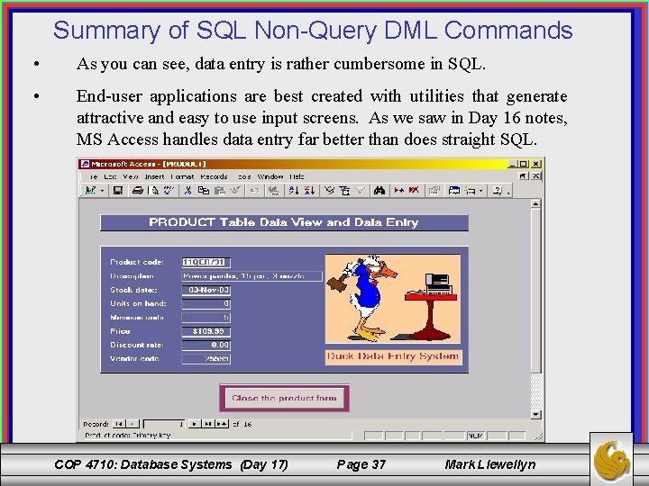 Summary of SQL Non-Query DML Commands • As you can see, data entry is