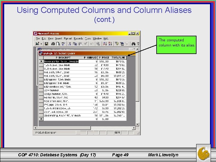 Using Computed Columns and Column Aliases (cont. ) The computed column with its alias.
