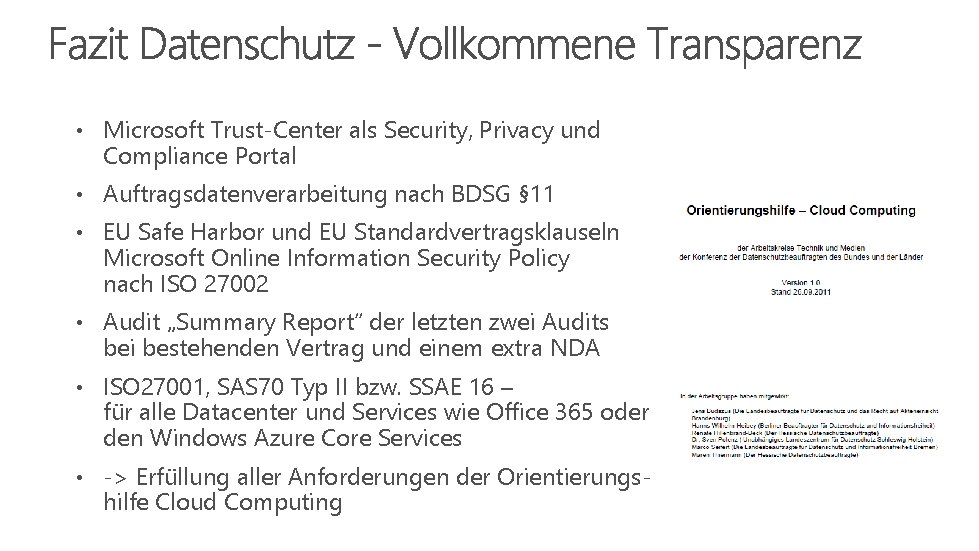  • Microsoft Trust-Center als Security, Privacy und Compliance Portal • Auftragsdatenverarbeitung nach BDSG