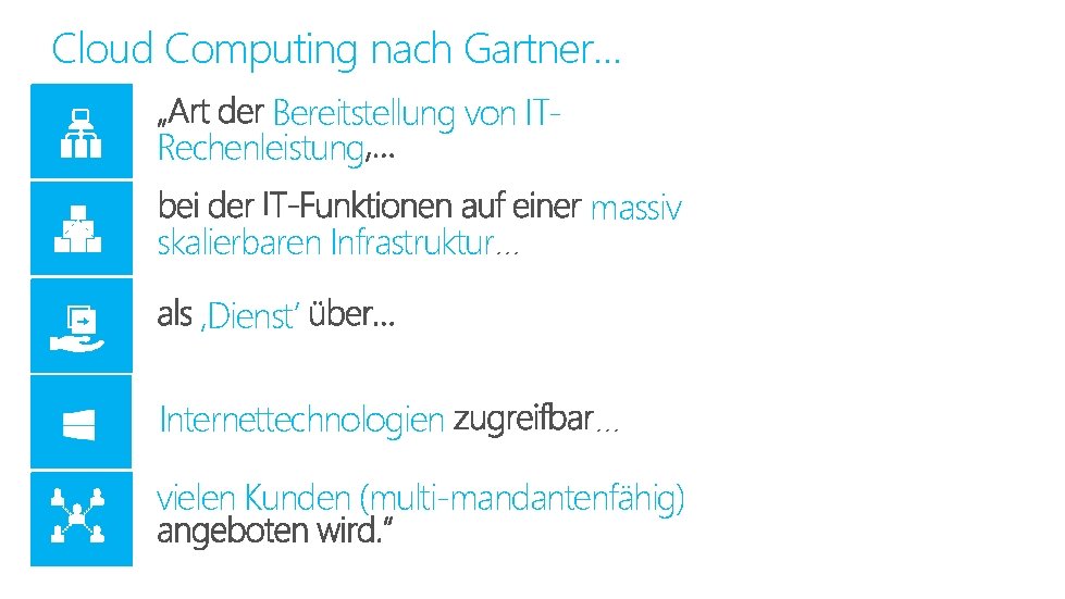 Cloud Computing nach Gartner… Bereitstellung von ITRechenleistung skalierbaren Infrastruktur… massiv ‚Dienst‘ Internettechnologien … vielen