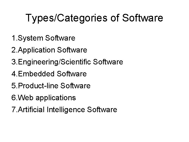 Types/Categories of Software 1. System Software 2. Application Software 3. Engineering/Scientific Software 4. Embedded