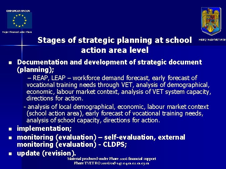 EUROPEAN UNION Project financed under Phare Stages of strategic planning at school action area