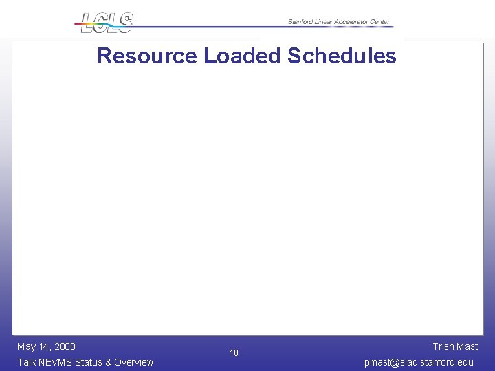 Resource Loaded Schedules May 14, 2008 Talk NEVMS Status & Overview 10 Trish Mast