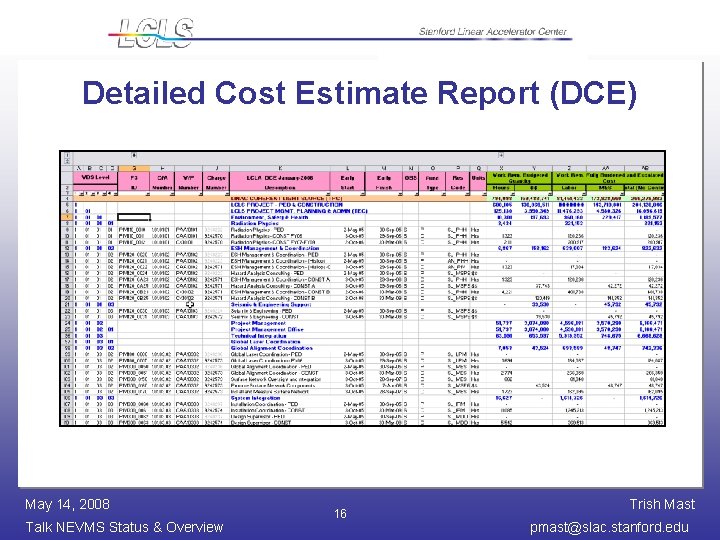 Detailed Cost Estimate Report (DCE) May 14, 2008 Talk NEVMS Status & Overview 16
