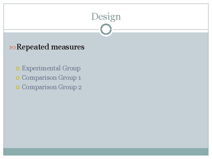 Design Repeated measures Experimental Group Comparison Group 1 Comparison Group 2 