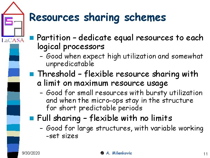 Resources sharing schemes n Partition – dedicate equal resources to each logical processors –