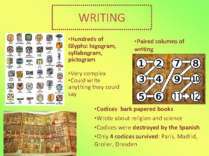WRITING • Hundreds of Glyphs: logogram, syllabogram, pictogram • Paired columns of writing • WRITING • Hundreds of Glyphs: logogram, syllabogram, pictogram • Paired columns of writing •