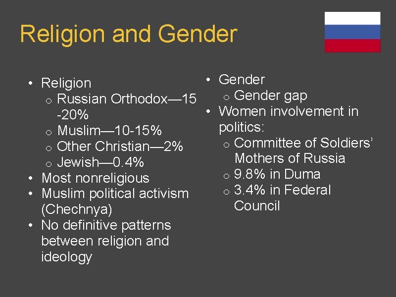 Religion and Gender • Gender • Religion o Gender gap o Russian Orthodox— 15