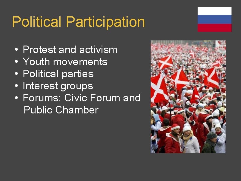 Political Participation • Protest and activism • Youth movements • Political parties • Interest