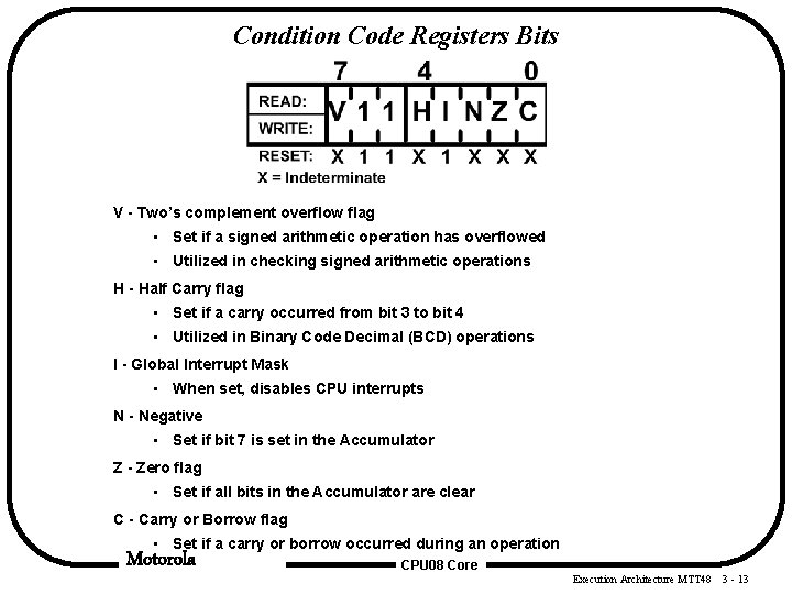 Condition Code Registers Bits V - Two’s complement overflow flag • Set if a Condition Code Registers Bits V - Two’s complement overflow flag • Set if a
