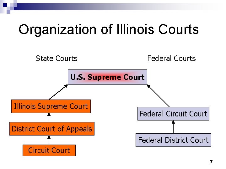 Organization of Illinois Courts State Courts Federal Courts U. S. Supreme Court Illinois Supreme Organization of Illinois Courts State Courts Federal Courts U. S. Supreme Court Illinois Supreme