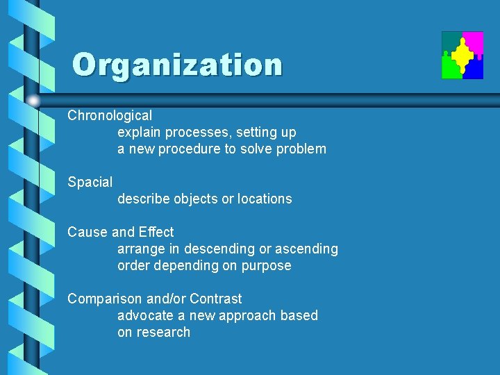 Organization Chronological explain processes, setting up a new procedure to solve problem Spacial describe