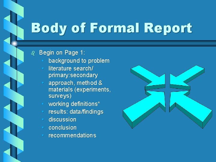 Body of Formal Report b Begin on Page 1: • background to problem •