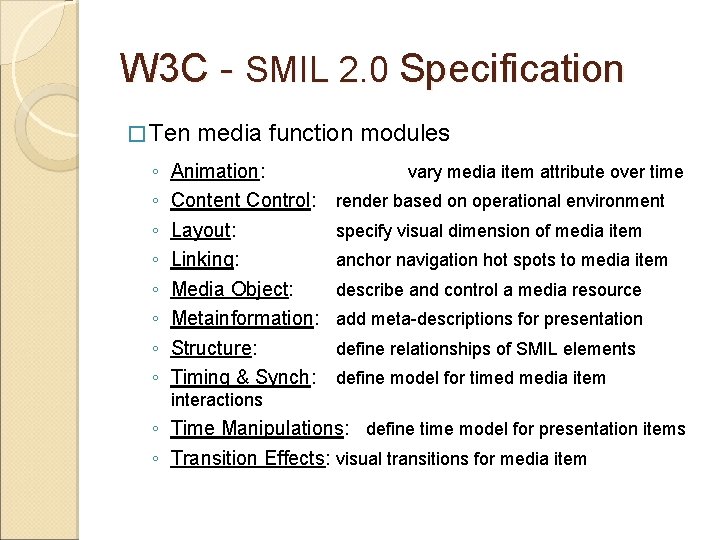 W 3 C - SMIL 2. 0 Specification � Ten ◦ ◦ ◦ ◦