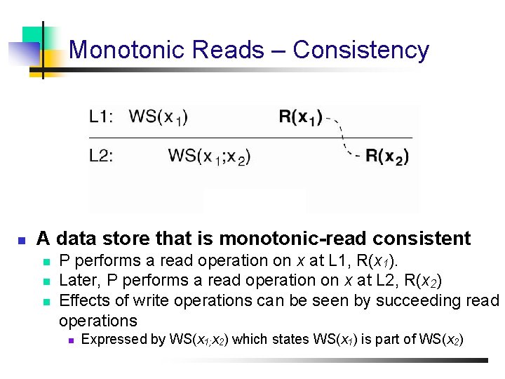 Monotonic Reads – Consistency n A data store that is monotonic-read consistent n n