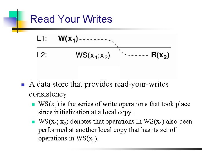 Read Your Writes n A data store that provides read-your-writes consistency n n WS(x