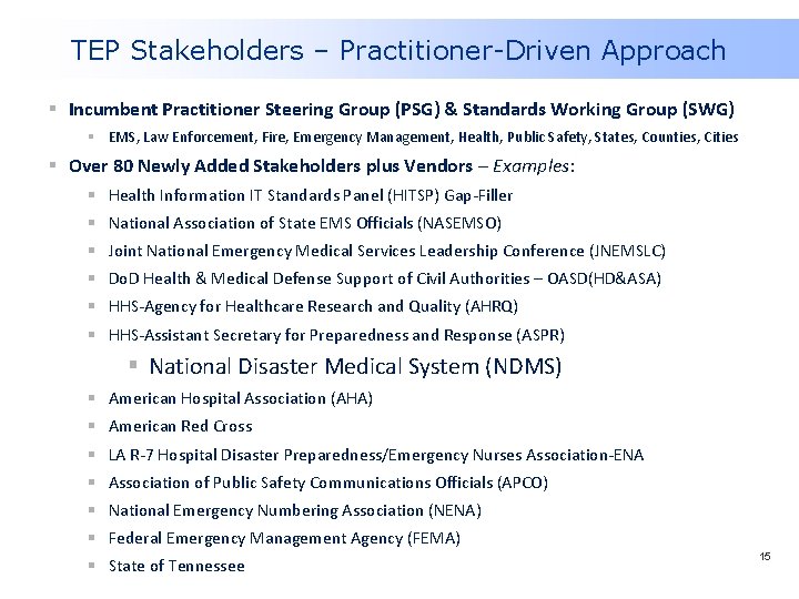 TEP Stakeholders – Practitioner-Driven Approach § Incumbent Practitioner Steering Group (PSG) & Standards Working TEP Stakeholders – Practitioner-Driven Approach § Incumbent Practitioner Steering Group (PSG) & Standards Working