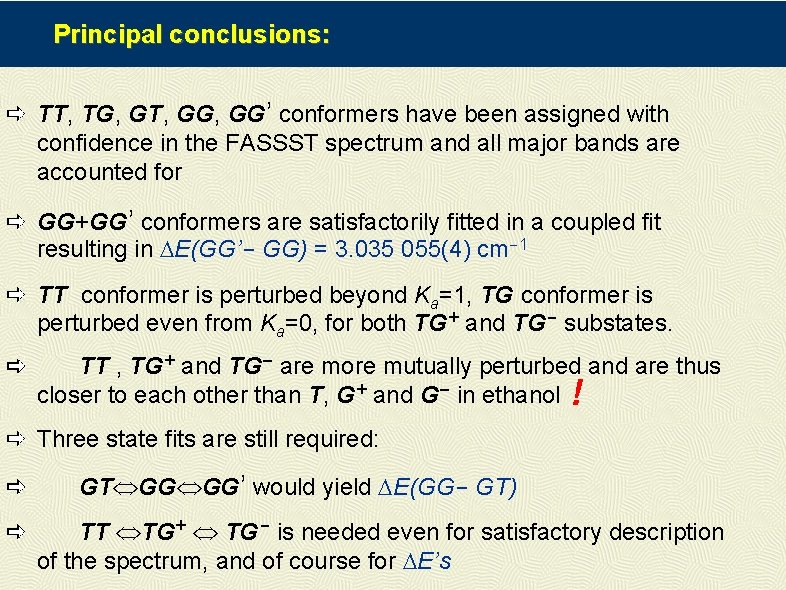 Principal conclusions: TT, TG, GT, GG ’ conformers have been assigned with confidence in