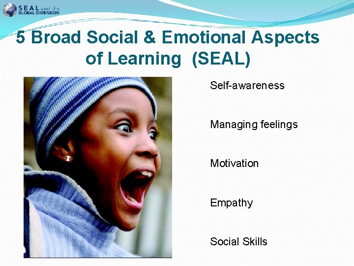 5 Broad Social & Emotional Aspects of Learning (SEAL) Self-awareness Managing feelings Motivation Empathy