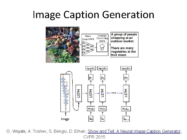 Image Caption Generation O. Vinyals, A. Toshev, S. Bengio, D. Erhan, Show and Tell: