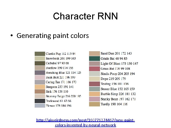 Character RNN • Generating paint colors http: //aiweirdness. com/post/160776374467/new-paintcolors-invented-by-neural-network 