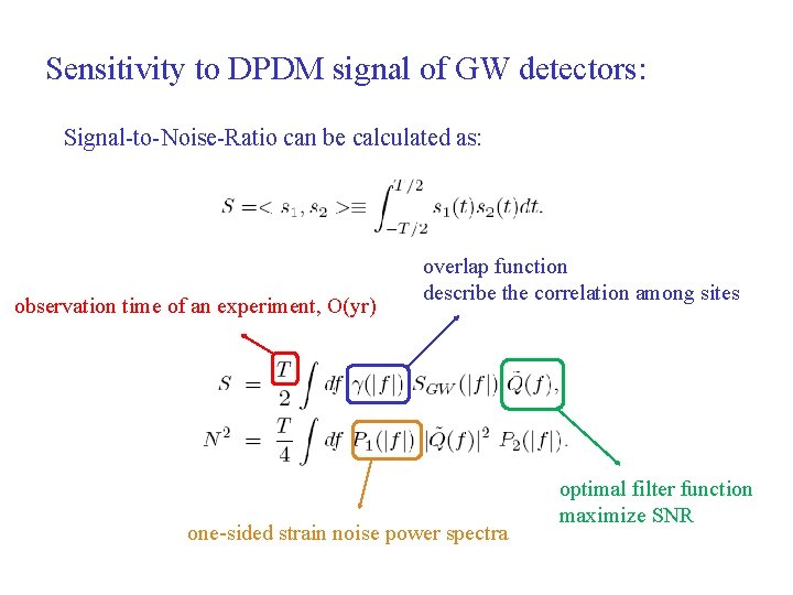 Sensitivity to DPDM signal of GW detectors: Signal-to-Noise-Ratio can be calculated as: observation time