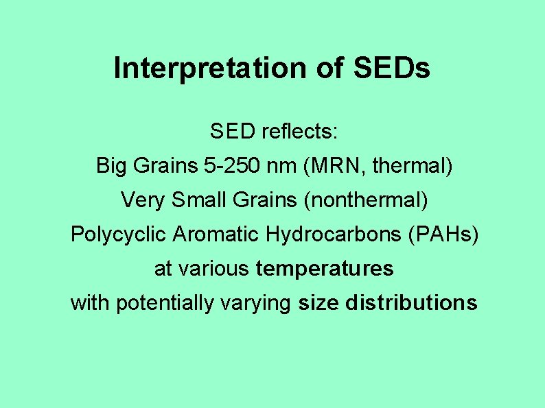 Interpretation of SEDs SED reflects: Big Grains 5 -250 nm (MRN, thermal) Very Small